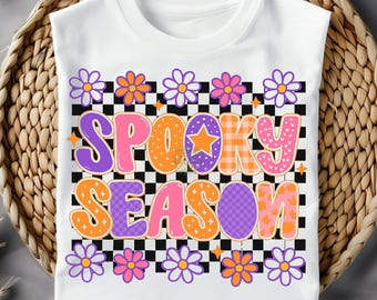 Retro Spooky Season PNG | Cute Halloween Sublimation Design | Groovy Fall Flowers & Checkerboard Halloween | Pastel Goth | Digital Download