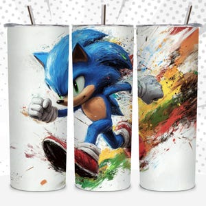 Emballage pour gobelet hérisson bleu Speedy | Gobelet fin 20 oz design sublimation | Emballage pour gobelet avec personnage de dessin animé | Téléchargement numérique PNG