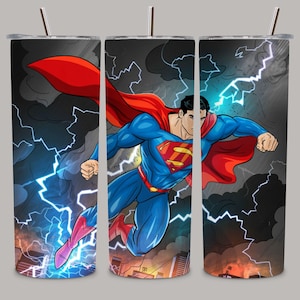 Heroic Comic Style Tumbler Wrap PNG | Super Strength Lightning Scene Sublimation Design | Action Hero Cape Inspired 20oz Skinny Tumbler Art