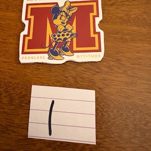 May include: A Minnie Mouse sticker featuring Minnie in a yellow dress with black polka dots, standing in front of a red and gold letter "M". The sticker has the words "MINNIE MOUSE", "FEARLESS", and "ATTITUDE". A small white lined paper with the number "2" and a black line is also present.