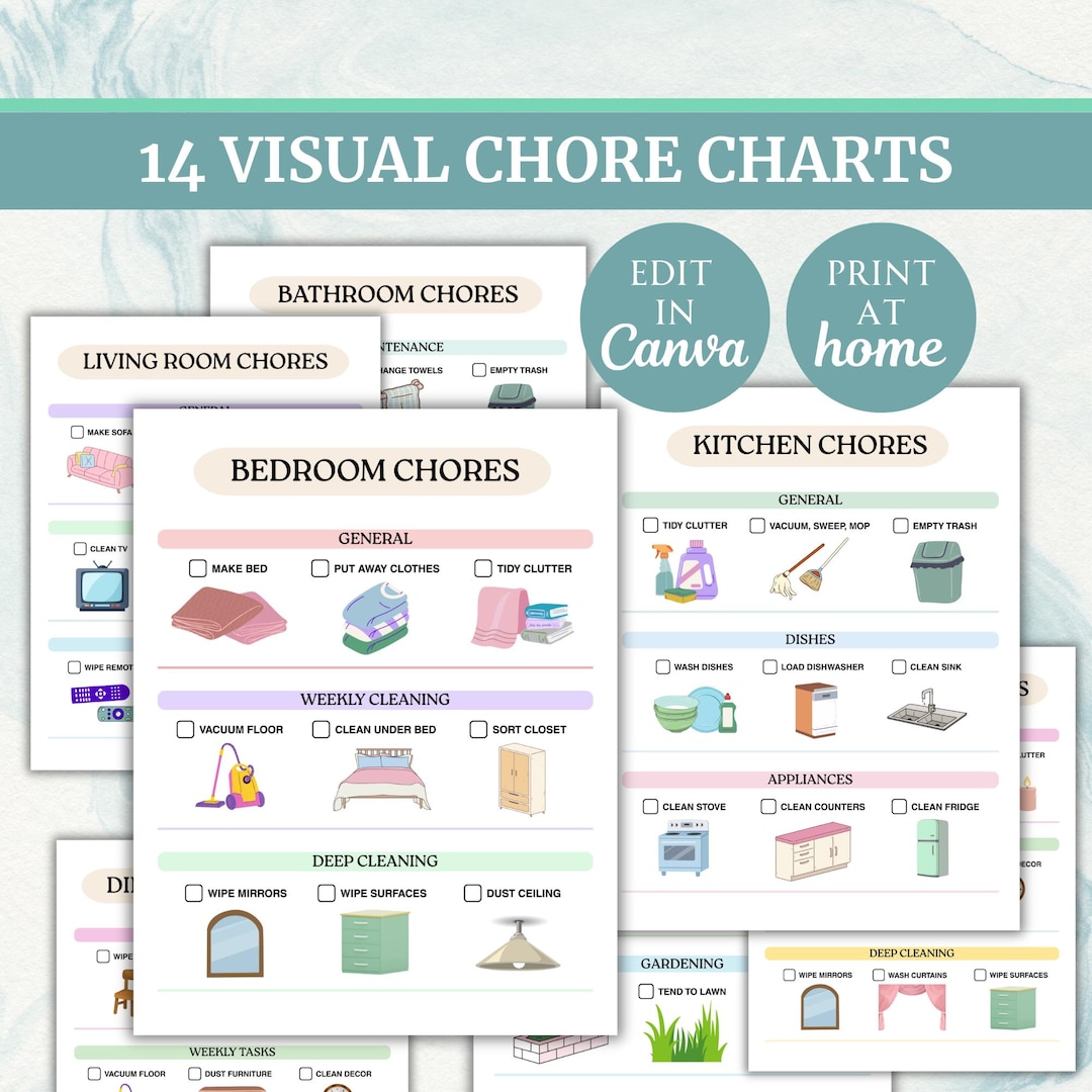 Editable Kid Routine Editable Visual Chore Chart Bundle: ADHD Cleaning Routine, Kids ...