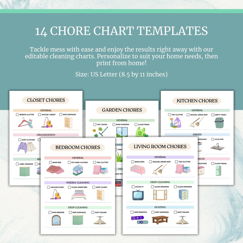 Editable Kid Routine Editable Visual Chore Chart Bundle: ADHD Cleaning Routine, Kids ...