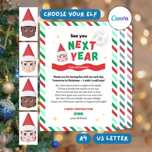 Könnte beinhalten: Ein druckbarer Weihnachtsbrief mit rot-grün gestreiftem Rand, dem Text See you NEXT YEAR und einem Gedicht, signiert von Robin. Das Design enthält einen North Pole Express-Stempel, eine kleine Wichtel-Illustration und vier Wichtelgesichter.