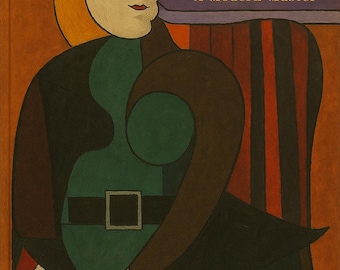 May include: A book cover featuring a cubist style painting of a woman in a green and brown dress with a red and white pattern. The title of the book is "Pablo Picasso: A Modern Master" by Richard Leslie.