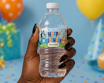 Bluey Inspired Birthday Water Bottle Labels | Personalized Party Stickers (Digital Download) | 6.38" x 2.25"