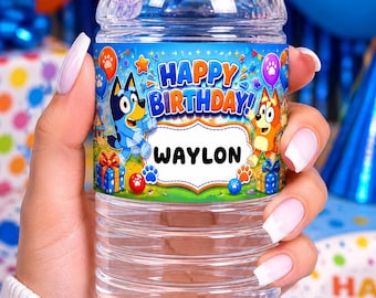 Bluey Inspired Birthday Water Bottle Labels | Personalized Party Stickers (Digital Download)