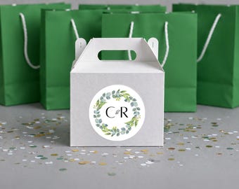 Personalized Greenery Wedding Stickers | Eucalyptus Favor Labels | Custom Circle Monogram (24)