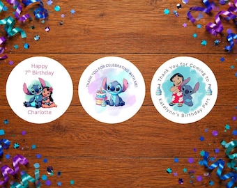 Lilo & Stitch Birthday Party Circle Stickers | Tropical Favor Labels (Digital Download)