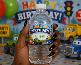 Personalized Birthday Water Bottle Labels | Cars, Trucks, Race Car Party Decorations