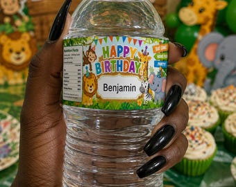 Personalized Baby Zoo Animals Water Bottle Labels | Safari Birthday Party Wraps