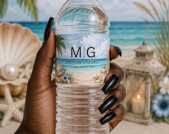 Personalized Beach Wedding Water Bottle Labels | Tropical Waterproof Vinyl Stickers