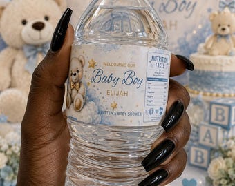Personalized White Bear Baby Shower Water Bottle Labels | Waterproof Vinyl Stickers