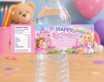 Personalized Princesses Water Bottle Labels | Waterproof Viny l Birthday Party Stickers