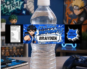 Anime Birthday Water Bottle Labels | Personalized Waterproof Viny l Stickers