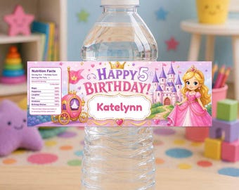 Personalized Princess Water Bottle Labels | Waterproof Viny l Birthday Party Stickers