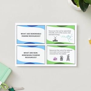 May include: A white card with four sections, each containing text and illustrations about marine resources. The top left section asks "What are Renewable Marine Resources?" The top right section describes renewable resources. The bottom left section asks "What are Non-Renewable Marine Resources?" The bottom right section describes non-renewable resources.
