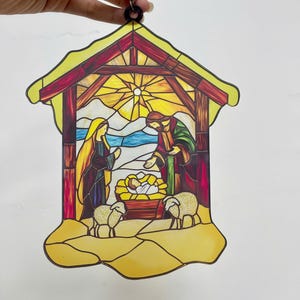 Weihnachtskrippe Faux Buntglas Suncatcher, Christlicher Fensterschmuck, Jesus Christus Weihnachtsdekoration und Religiöses Wohnkultur
