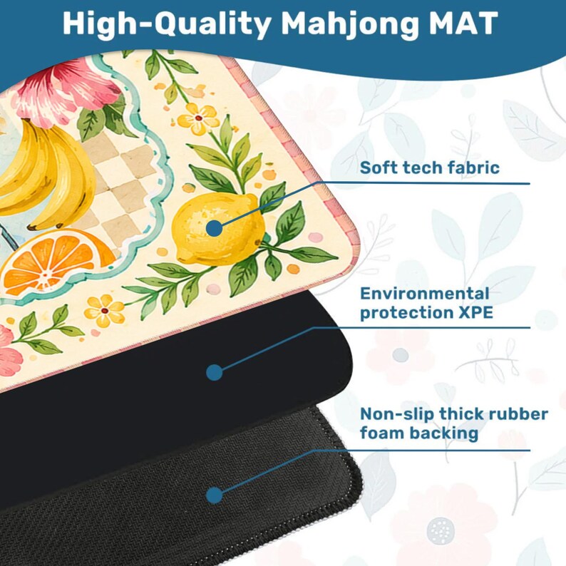 Pu&ograve; includere: Un tappetino Mahjong di alta qualit&agrave; con un design di frutta e fiori. Lo strato superiore presenta un tessuto tecnico morbido con un'illustrazione colorata di banane, limoni e una fetta d'arancia. Il tappetino ha un supporto in schiuma di gomma spessa antiscivolo.