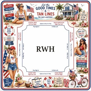 May include: A square board game mat featuring a central area with the letters RWH, surrounded by beach-themed illustrations including people, surfboards, bicycles, and signs with text like Let the GOOD TIMES & TAN LINES be our worries.