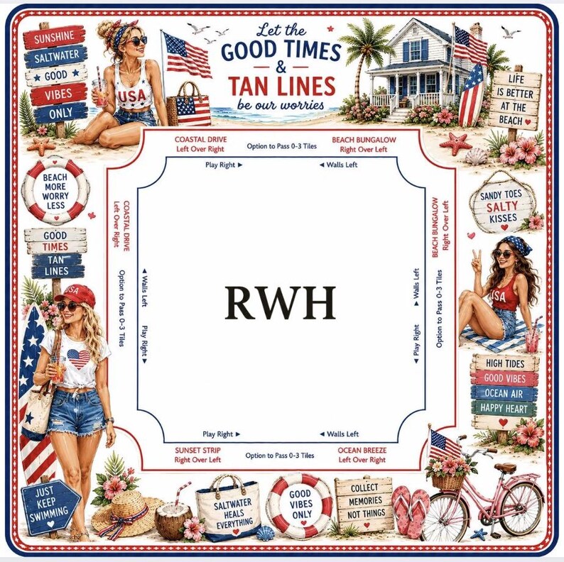 May include: A square board game mat featuring a central area with the letters RWH, surrounded by beach-themed illustrations including people, surfboards, bicycles, and signs with text like Let the GOOD TIMES & TAN LINES be our worries.
