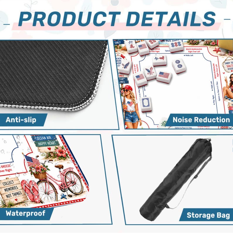 May include: A product detail sheet for a game mat featuring a black anti-slip backing, a white surface with printed game instructions and tiles, a colorful beach-themed graphic with a bicycle, and a black cylindrical storage bag with a strap.
