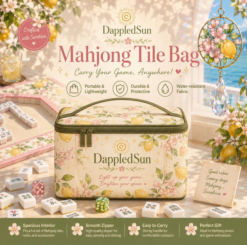 May include: A beige Mahjong Tile Bag with a floral and lemon pattern, the text "DappledSun" and "Mahjong Tile Bag" is visible. The bag has a handle and a zipper. The image also shows Mahjong tiles and dice.