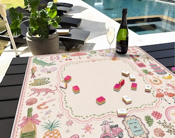 Whimsical Mahjong Mat, Pink Coastal Game Table, Tropical Party Accessory