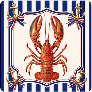 May include: Square nautical design featuring a detailed illustration of a red lobster with large claws. Gold anchors with red, white, and blue bows are in each corner. The background has blue and white stripes.
