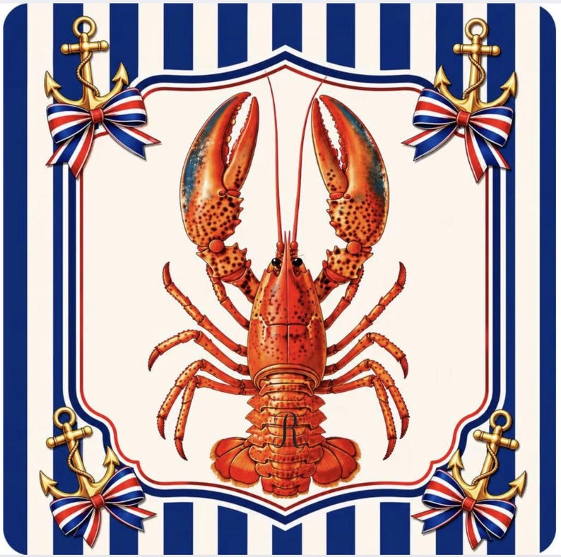 May include: Square nautical design featuring a detailed illustration of a red lobster with large claws. Gold anchors with red, white, and blue bows are in each corner. The background has blue and white stripes.