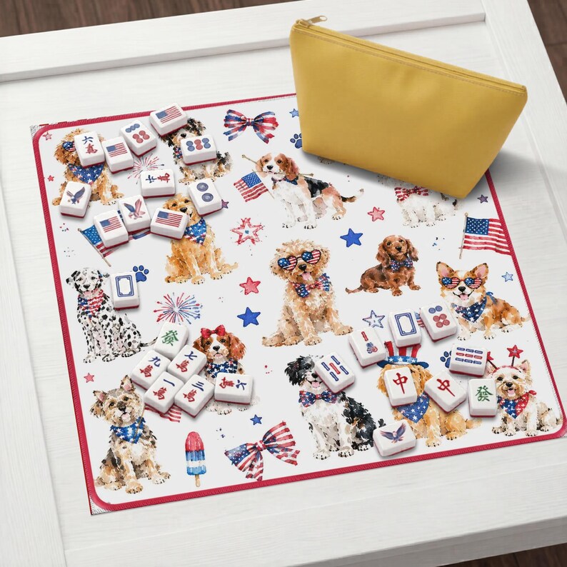 Patriotic Dogs Mahjong Mat, Fourth of July Puppy Game Mat, USA Holiday Lover Gift image 7