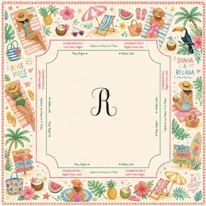 Puede incluir: Un dise&ntilde;o cuadrado ilustrado con tem&aacute;tica de playa con una letra "R" central. El borde presenta escenas de playa con personas, palmeras y elementos tropicales. El texto incluye "Boas Vibes", "Sonha & Relaxa" y "Da Feliz!"