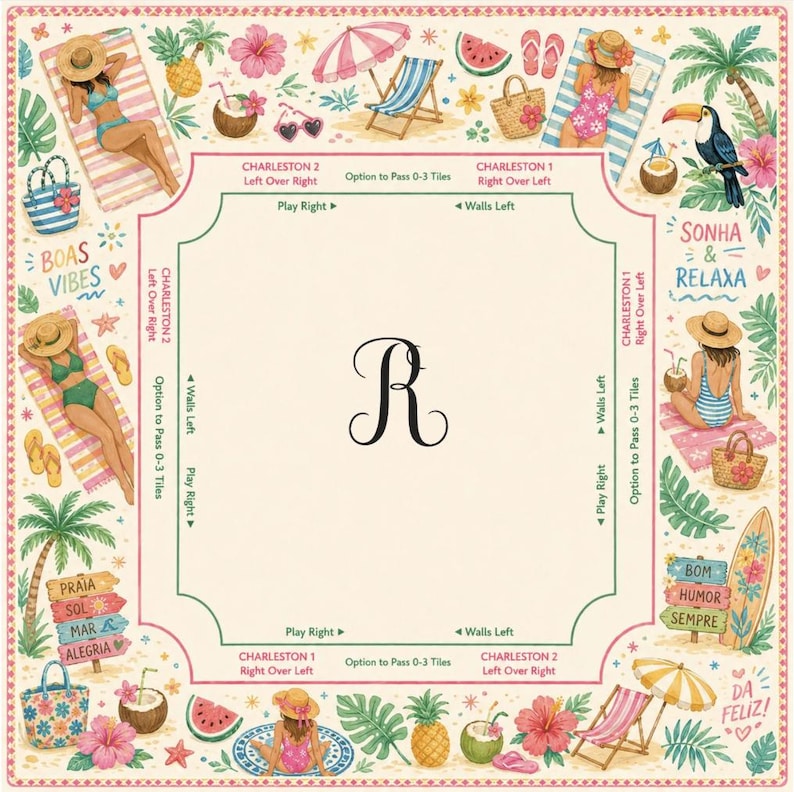 Puede incluir: Un dise&ntilde;o cuadrado ilustrado con tem&aacute;tica de playa con una letra "R" central. El borde presenta escenas de playa con personas, palmeras y elementos tropicales. El texto incluye "Boas Vibes", "Sonha & Relaxa" y "Da Feliz!"