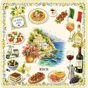 May include: A square decorative textile featuring a coastal Italian scene with illustrations of spaghetti, caprese salad, tiramisu, bruschetta, prosciutto, olives, grapes, a moka pot, wine, Aperol Spritz, a scooter, and a sign reading LA DOLCE VITA.
