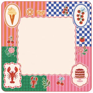 May include: A decorative square design with a cream-colored center, framed by various patterns and illustrations. The design includes an ice cream cone, orange slices, cherries, a lobster, a tomato, and a layered cake. The border features pink and orange stripes, green and blue checkered patterns.
