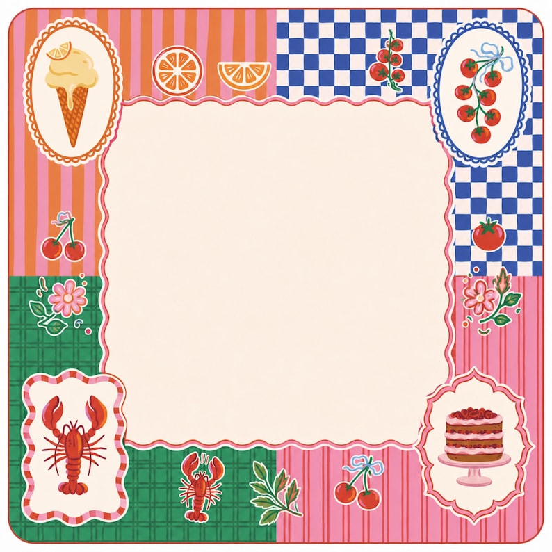 May include: A decorative square design with a cream-colored center, framed by various patterns and illustrations. The design includes an ice cream cone, orange slices, cherries, a lobster, a tomato, and a layered cake. The border features pink and orange stripes, green and blue checkered patterns.