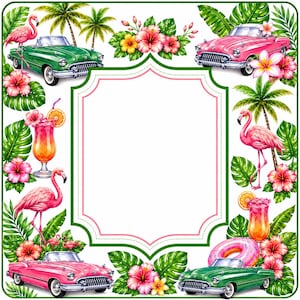 Pu&ograve; includere: Un'illustrazione vibrante a tema tropicale con auto decappottabili classiche rosa e verdi, circondate da fenicotteri rosa, fiori di ibisco, palme e cocktail. Una cornice interna rosa e bianca &egrave; al centro.