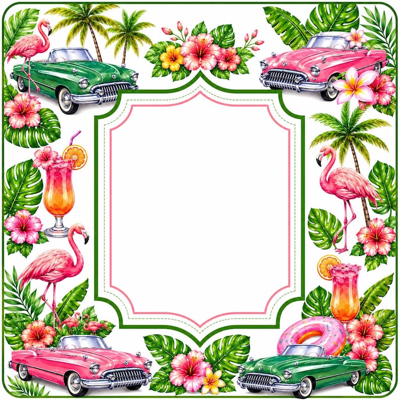 Pu&ograve; includere: Un'illustrazione vibrante a tema tropicale con auto decappottabili classiche rosa e verdi, circondate da fenicotteri rosa, fiori di ibisco, palme e cocktail. Una cornice interna rosa e bianca &egrave; al centro.