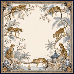 Op de afbeelding: Een vierkante sjaal met een crèmekleurig midden, omlijst door luipaarden in verschillende houdingen tussen palmbomen, bloeiende takken en een pagode. Het ontwerp bevat blauw-witte vazen, een kleine zeilboot en een donkerblauwe geometrische rand.