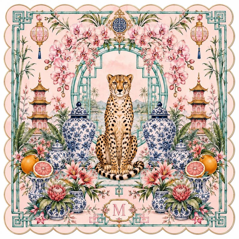Rosa Chinoiserie Cheetah Mahjongmatta, Ginger Burk Spelbordsdekoration bild 5