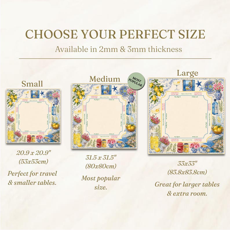 May include: Image shows three square placemats with a lemon and floral design, each with a different size: 20.9 x 20.9 inches, 31.5 x 31.5 inches, and 33 x 33 inches. The text reads "Choose Your Perfect Size" and "Available in 2mm & 3mm thickness."