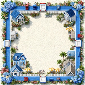 May include: A whimsical, square-shaped illustration featuring miniature blue houses with white picket fences, mailboxes, and bicycles, set against a sandy background. The scene is framed by a vibrant blue border adorned with flowers and greenery.