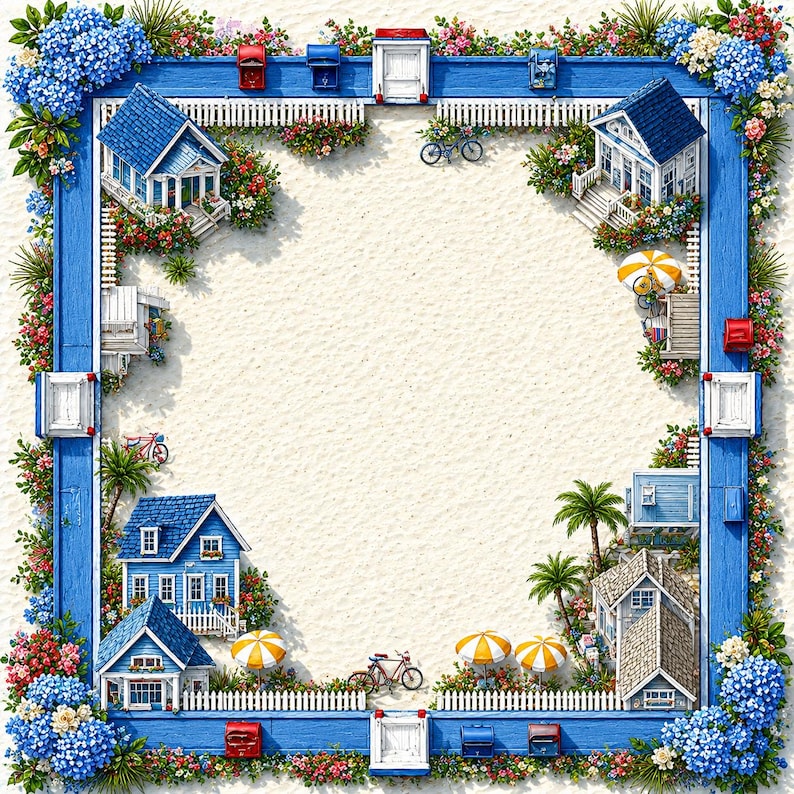 May include: A whimsical, square-shaped illustration featuring miniature blue houses with white picket fences, mailboxes, and bicycles, set against a sandy background. The scene is framed by a vibrant blue border adorned with flowers and greenery.