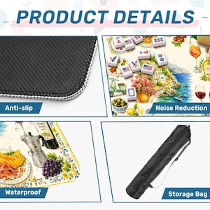 May include: A product details graphic featuring a rectangular mat with a black anti-slip textured underside, a top surface with a colorful Mediterranean-themed illustration, a waterproof surface showing food and drink, and a black cylindrical storage bag.