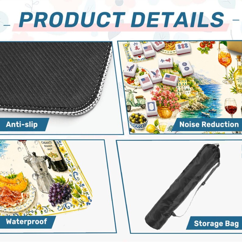May include: A product details graphic featuring a rectangular mat with a black anti-slip textured underside, a top surface with a colorful Mediterranean-themed illustration, a waterproof surface showing food and drink, and a black cylindrical storage bag.