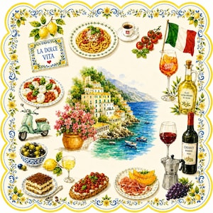May include: A square decorative cloth featuring a watercolor-style collage of Italian imagery, including a coastal village, pasta, wine, olives, a scooter, and a sign reading LA DOLCE VITA, all framed by a yellow and blue floral lemon border.