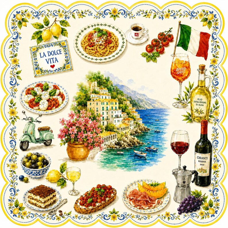 May include: A square decorative cloth featuring a watercolor-style collage of Italian imagery, including a coastal village, pasta, wine, olives, a scooter, and a sign reading LA DOLCE VITA, all framed by a yellow and blue floral lemon border.