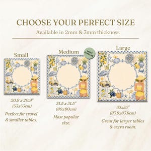 May include: Image showing three sizes of decorative placemats with a lemon and beach theme. The placemats have a cream-colored center with a blue and white border. The sizes are small (20.9 x 20.9 inches), medium (31.5 x 31.5 inches), and large (33 x 33 inches).