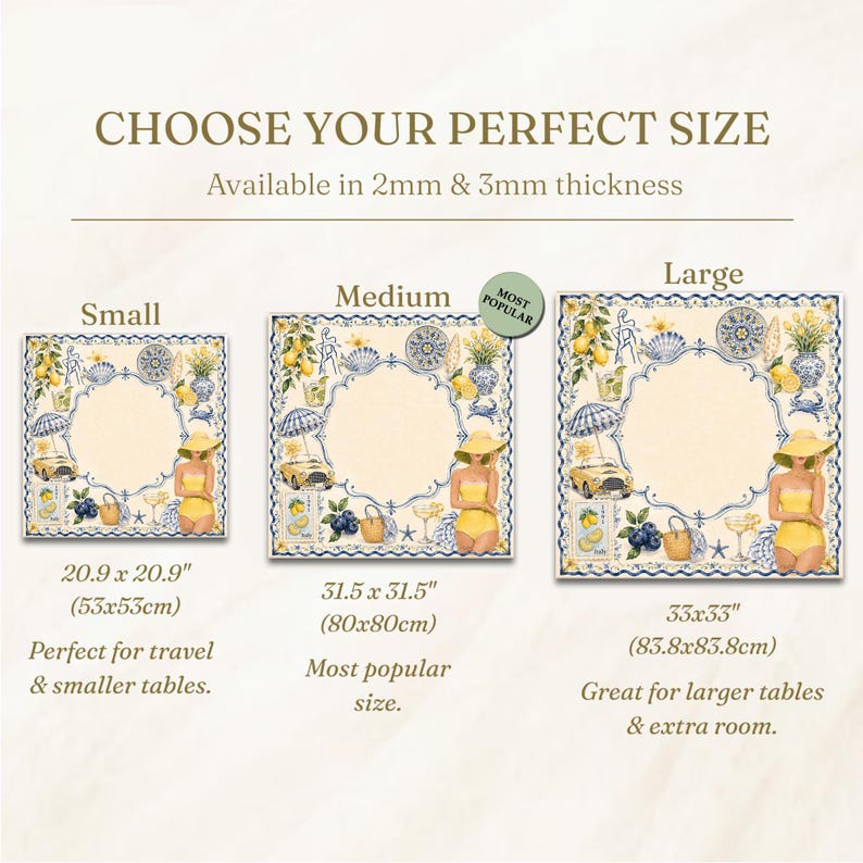 May include: Image showing three sizes of decorative placemats with a lemon and beach theme. The placemats have a cream-colored center with a blue and white border. The sizes are small (20.9 x 20.9 inches), medium (31.5 x 31.5 inches), and large (33 x 33 inches).