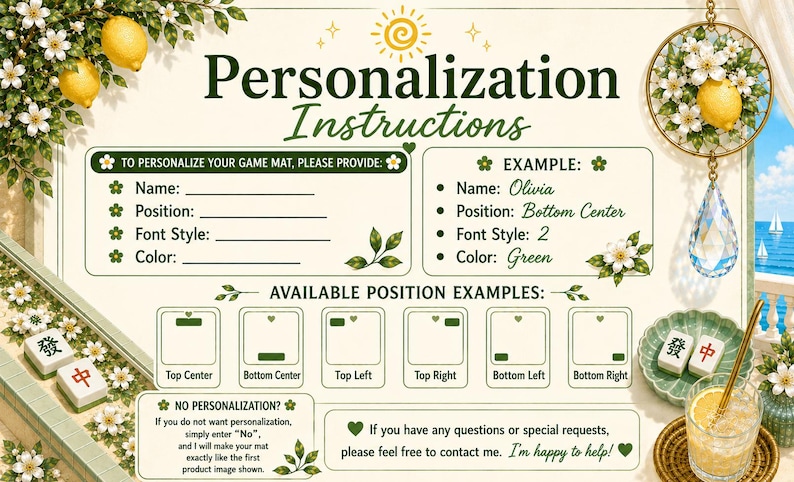 May include: A personalization instruction card for a game mat featuring a cream background with lemon and white flower illustrations. It includes text fields for name, position, font style, and color, along with position diagrams and examples.