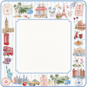 May include: A square decorative border featuring watercolor illustrations of global landmarks including the Eiffel Tower, Big Ben, the Statue of Liberty, the Colosseum, red telephone booths, double-decker buses, and city skylines on a blue striped background.